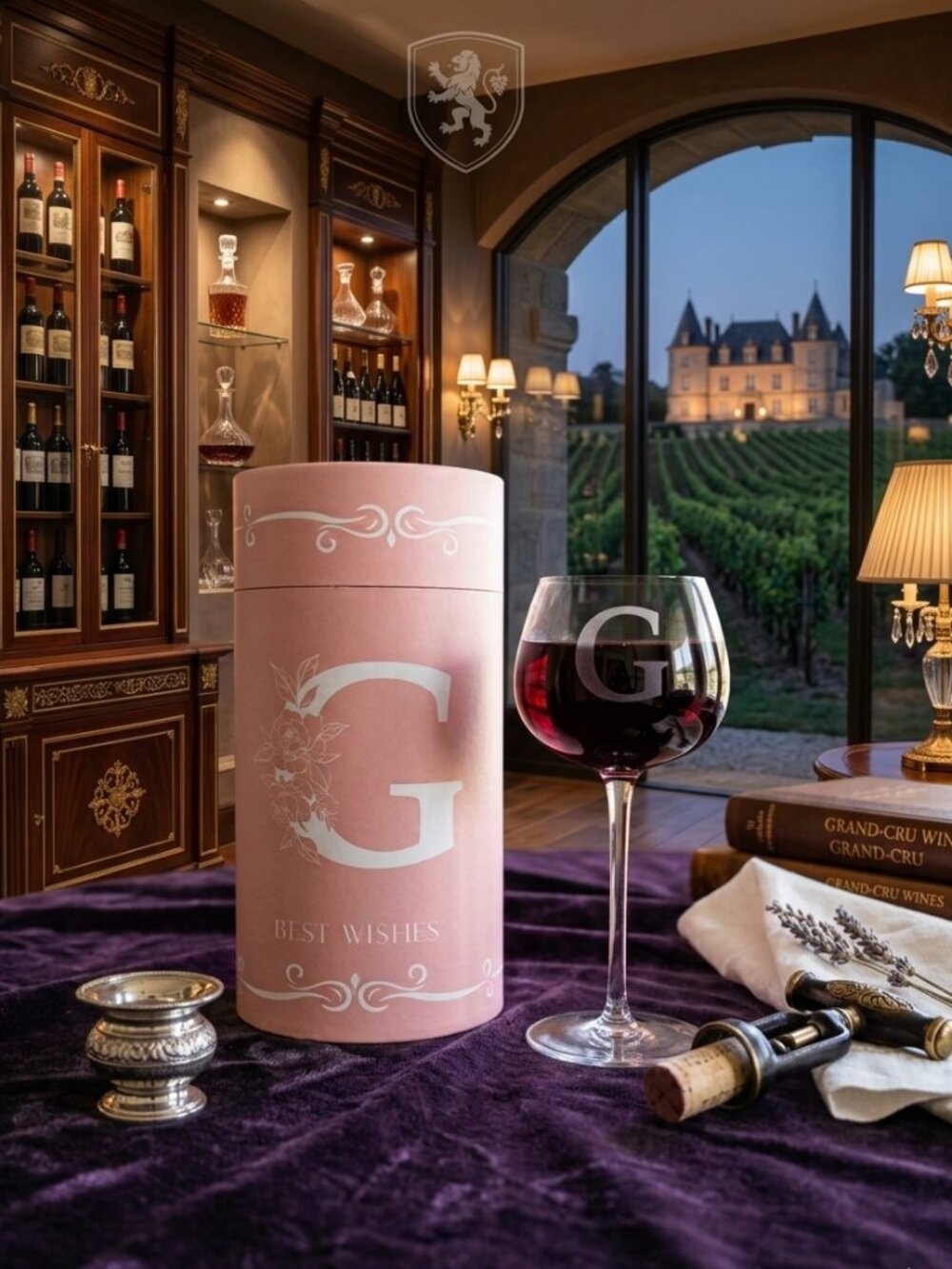 Elegant Pink Monogram "G" & "L" Floral Cylinder Gift Boxes w/Wine Glass 2 sets